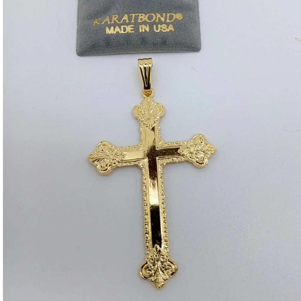 Karatbond Vintage Y2K Gold Ornate Fleur-de-lis Cross Pendant Made in USA NOS